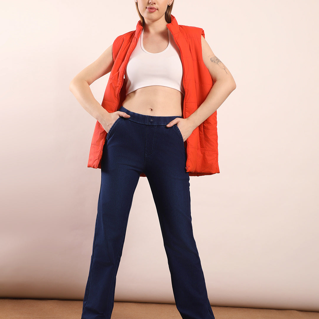 Elastic waistband straight fit jeans