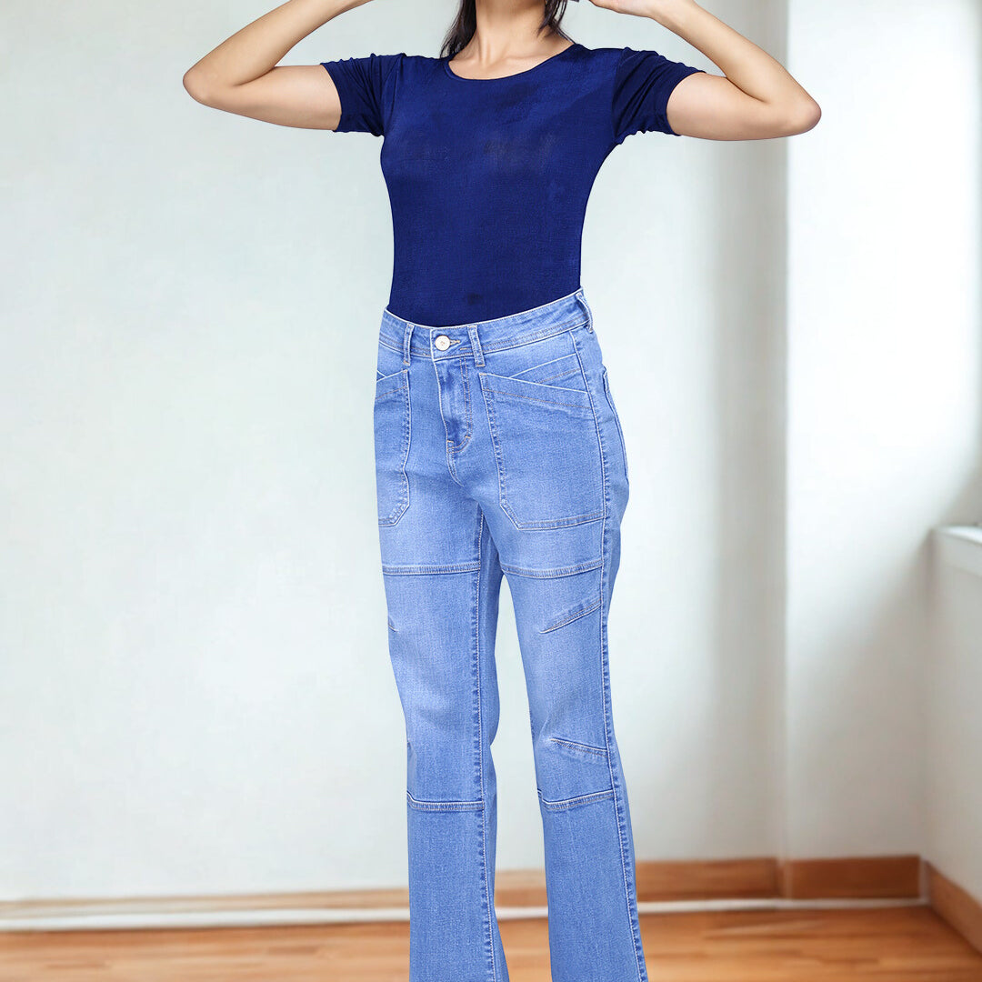 Patched pockets wide leg jeans