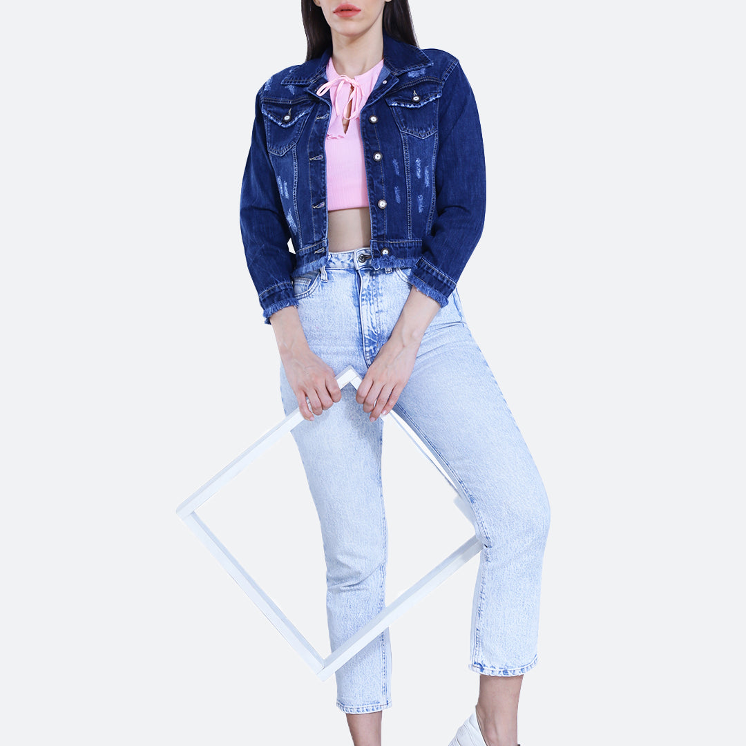 Ribbed hem stretchable denim jacket