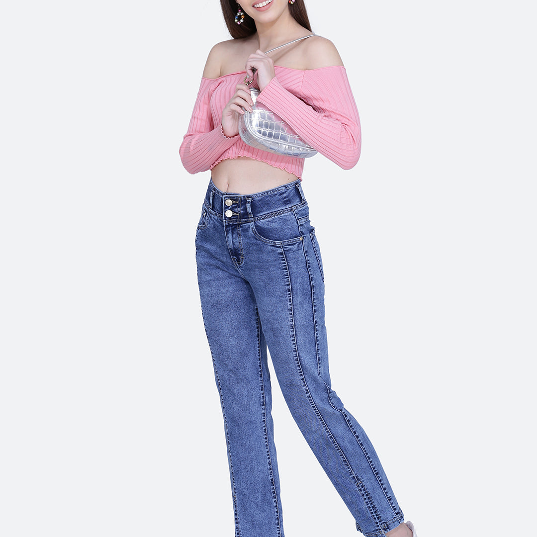 Broad belt front slit straight fit jeans