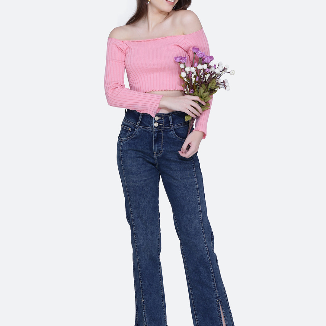 Broad belt front slit straight fit jeans