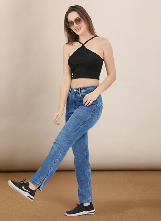 Slit cut stretchable denim jeans