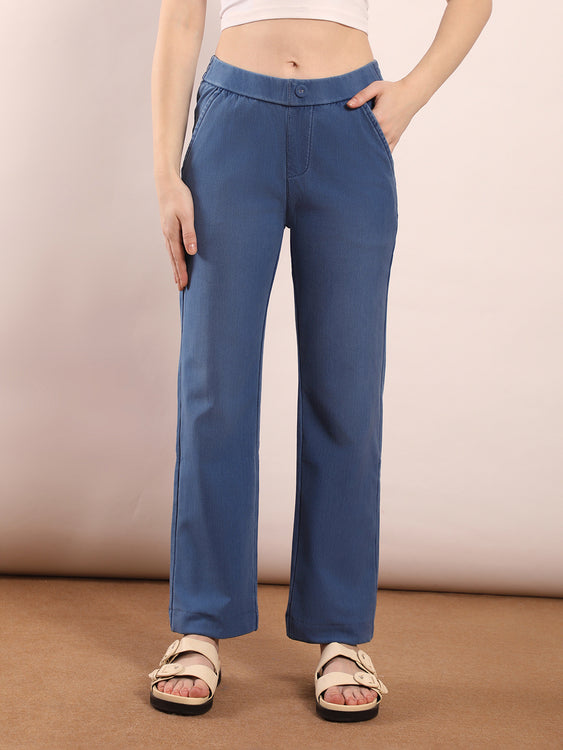 Elastic waistband straight fit jeans