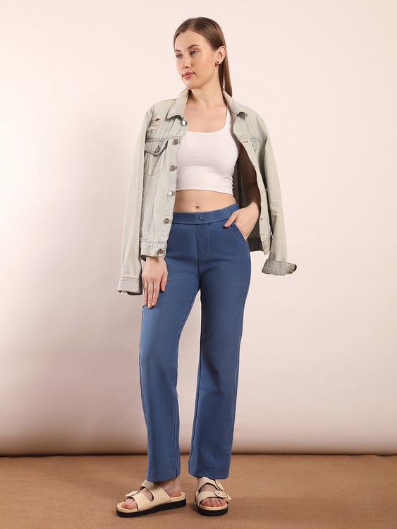Elastic waistband straight fit jeans