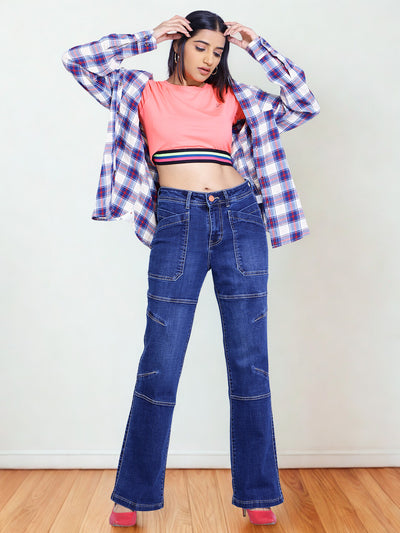 Patched pockets wide leg jeans