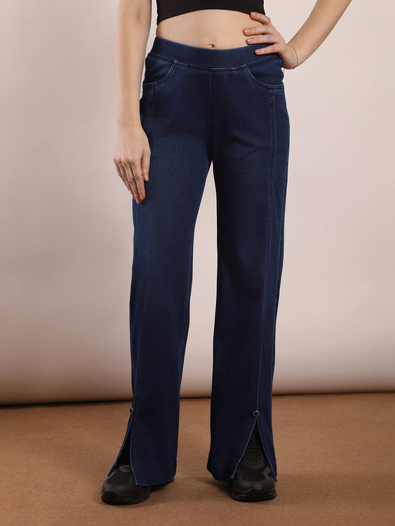 Wide leg slit soft denim jeans