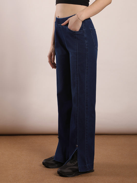 Wide leg slit soft denim jeans