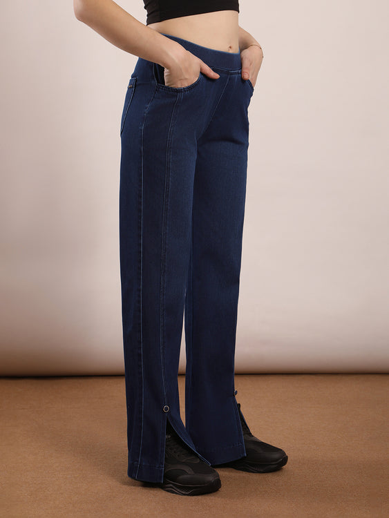 Wide leg slit soft denim jeans