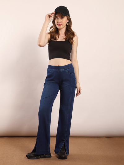 Wide leg slit soft denim jeans