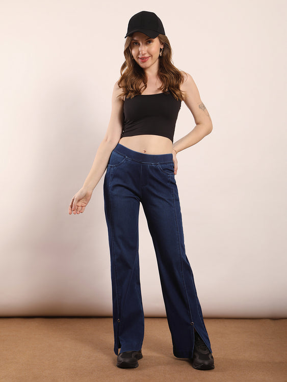 Wide leg slit soft denim jeans