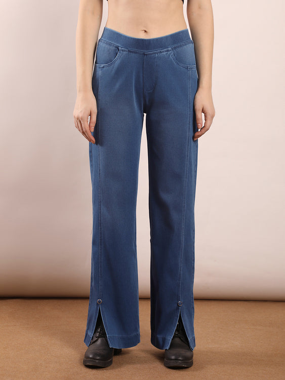 Wide leg slit soft denim jeans