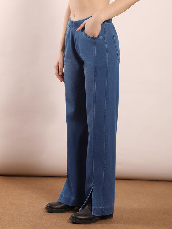 Wide leg slit soft denim jeans