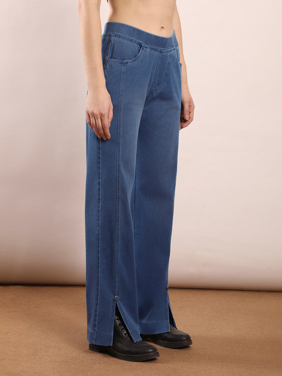 Wide leg slit soft denim jeans