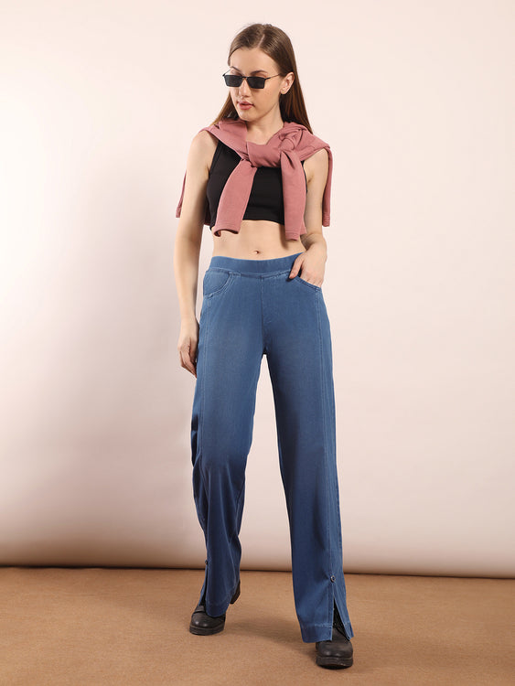 Wide leg slit soft denim jeans