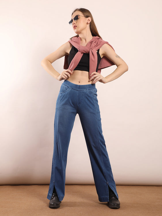 Wide leg slit soft denim jeans