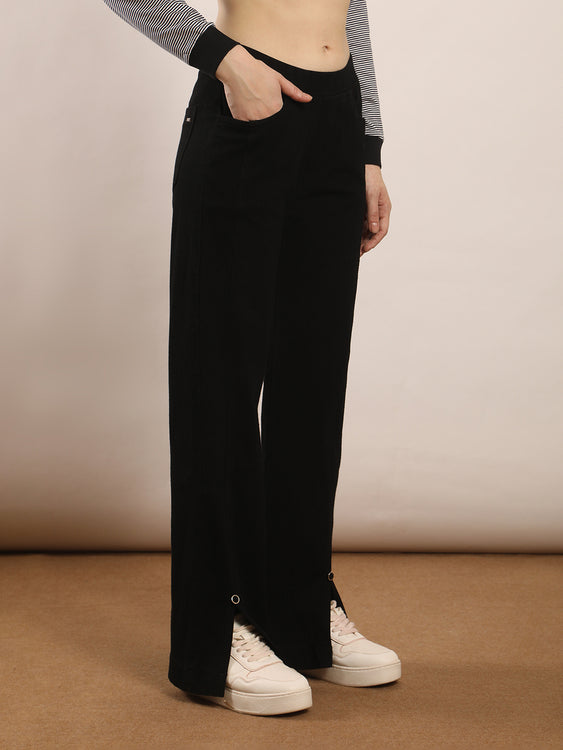 Wide leg slit soft denim jeans