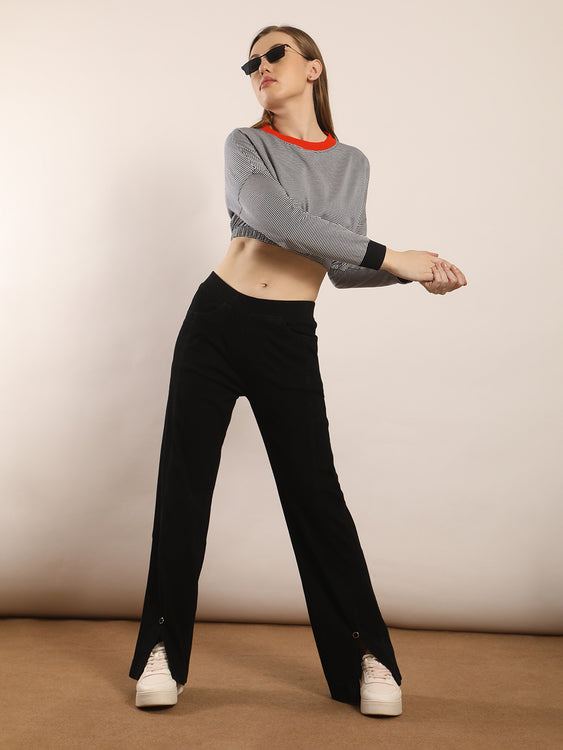 Wide leg slit soft denim jeans