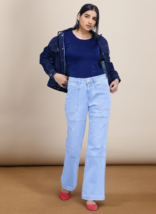 Patched pockets wide leg jeans