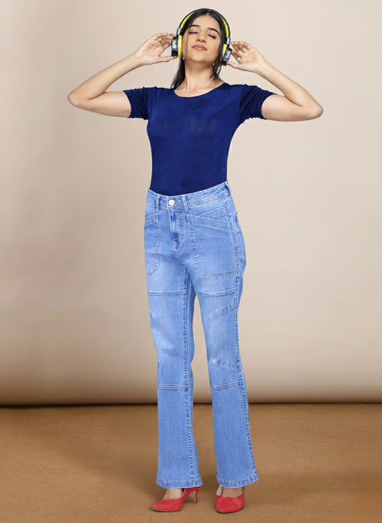 Patched pockets wide leg jeans