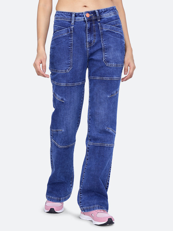 Patched pockets wide leg jeans