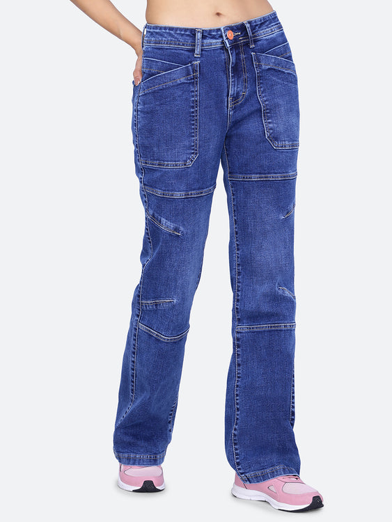 Patched pockets wide leg jeans