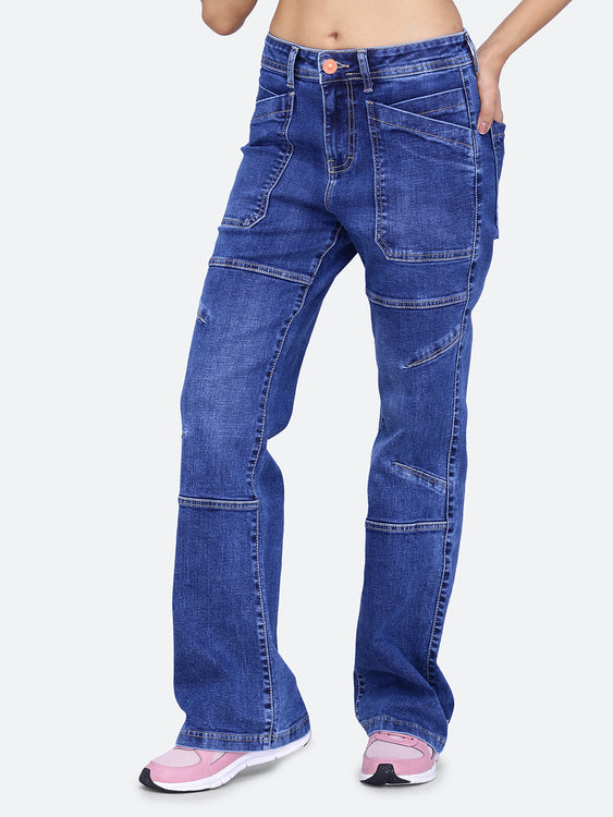Patched pockets wide leg jeans