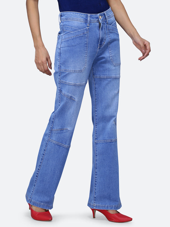 Patched pockets wide leg jeans