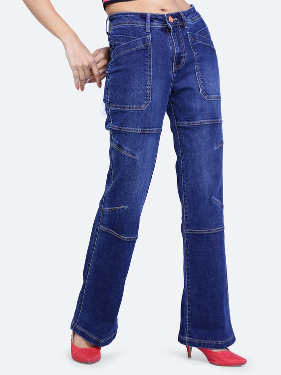 Patched pockets wide leg jeans