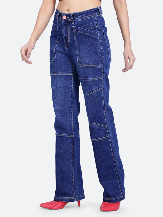 Patched pockets wide leg jeans