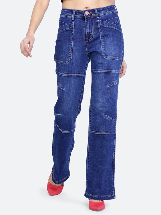 Patched pockets wide leg jeans