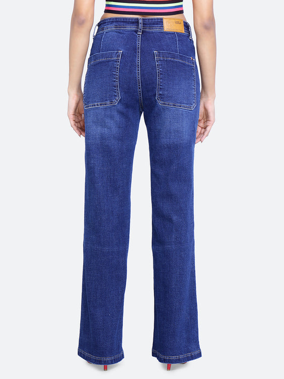 Patched pockets wide leg jeans